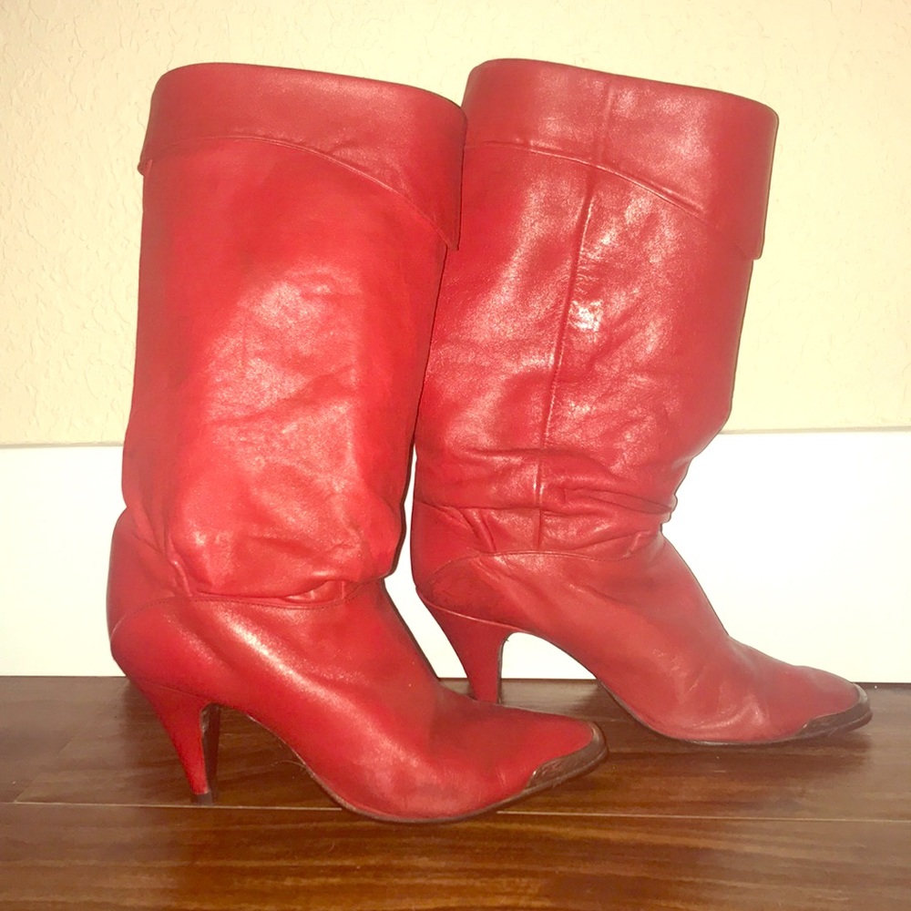 Vintage Red Leather Boots with Engraved Silver Toe